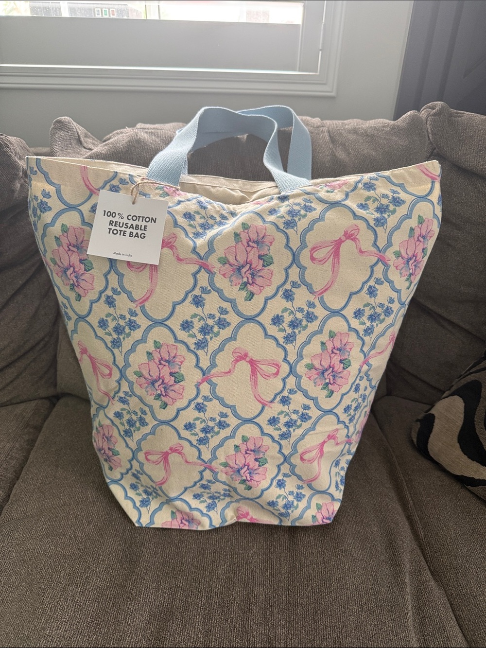 Floral Pink & Blue Cotton Tote Bag big size 20x19 new